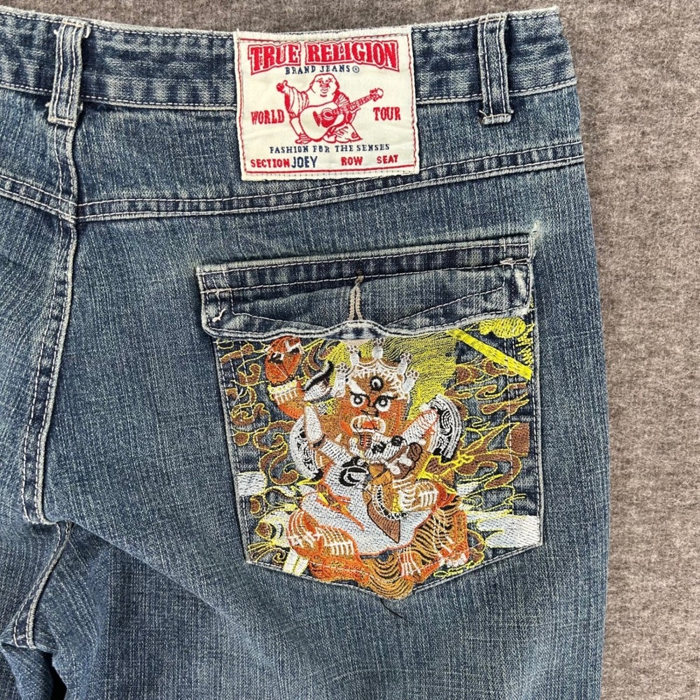 True Religion Joey Flare Jeans Embroidered Buddha Pocket USA Womens 34 Fit 37x29